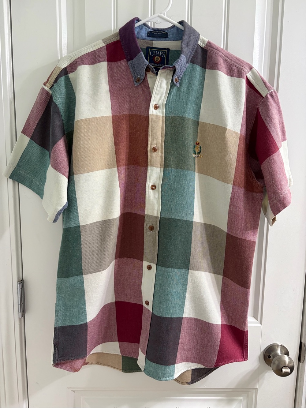 Ralph Lauren Chaps Multicolor Plaid Short-Sleeve Button-Down Shirt M Vintage 90s